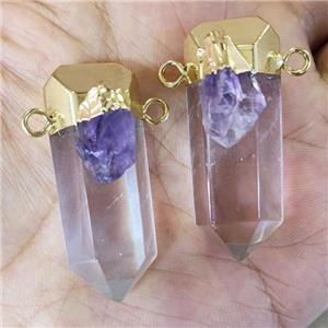 Natural Clear Quartz Bullet Pendant With Amethyst 2loops Gold Plated, approx 15-35mm