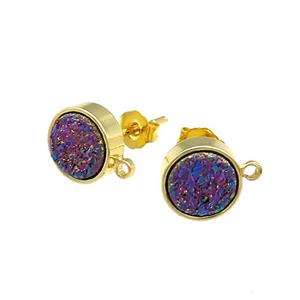 Rainbow Druzy Quartz Stud Earrings Gold Plated, approx 8mm