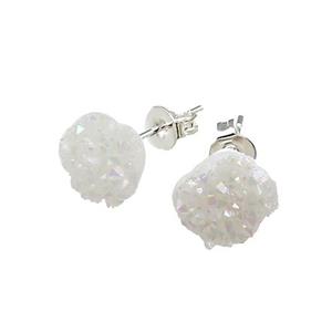 White AB-Color Druzy Quartz Stud Earrings Platinum Plated, approx 8mm