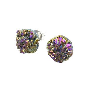 Rainbow Druzy Quartz Stud Earrings Platinum Plated, approx 8mm