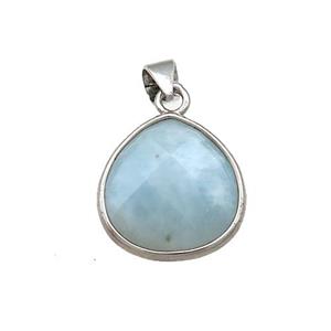 Natural Blue Aquamarine Teardrop Pendant Platinum Plated, approx 15mm