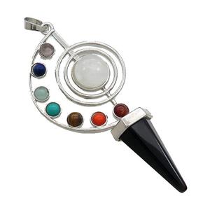 Alloy Chakra Pendant Pave Gemstone Black Onyx Agate Platinum Plated, approx 30-65mm