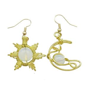 Copper Hook Earring Star Moon With Opalite Wire Wrapped Gold Plated, approx 8mm, 10mm, 25mm