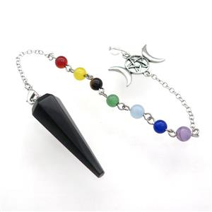 Black Obsidian Pendulum Pendant With Gemstone Chakra Chain Alloy Star Moon Platinum Plated, approx 13-42mm, 6mm, 18cm length