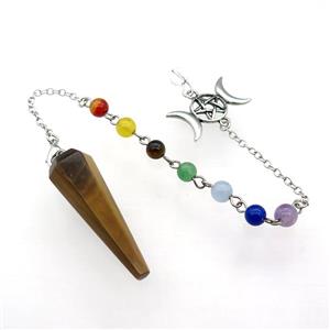 Tiger Eye Stone Pendulum Pendant With Gemstone Chakra Chain Alloy Star Moon Platinum Plated, approx 13-42mm, 6mm, 18cm length