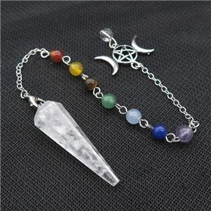 Clear Quartz Pendulum Pendant With Gemstone Chakra Chain Alloy Star Moon Platinum Plated, approx 13-42mm, 6mm, 18cm length