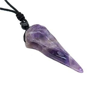 Purple Amethyst Crow Skull Necklace Birds Black Nylon Rope Cord, approx 25-70mm