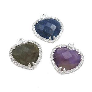 Mixed Gemstone Heart Pendant Pave Zircon Platinum Plated, approx 16mm