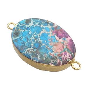 Blue Imperial Jasper Oval Connector Flat Gold Plated, approx 20-35mm