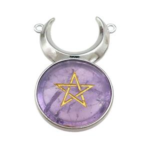 Purple Amethyst Coin Star Symbols Alloy Moon Pendant Platinum Plated, approx 25mm, 50mm