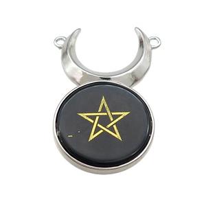 Black Obsidian Coin Star Symbols Alloy Moon Pendant Platinum Plated, approx 25mm, 50mm