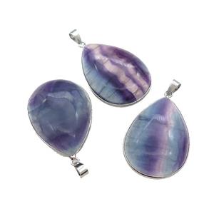 Natural Fluorite Teardrop Pendant Multicolor Platinum Plated, approx 25-35mm