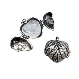 Zinc Alloy Heart Wish Box Locket With Clear Quartz Antique Silver, approx 26mm