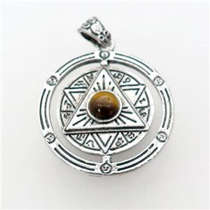 Zinc Alloy David Star Pendant Pave Tiger Eye Stone Circle Antique Silver, approx 38mm