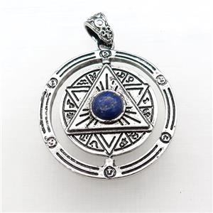 Zinc Alloy David Star Pendant Pave Lapis Lazuli Circle Antique Silver, approx 38mm