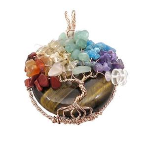 Natural Tiger Eye Stone Coin Pendant With Chakra Gemstone Tree Of Life Wire Wrapped Rose Gold, approx 45mm