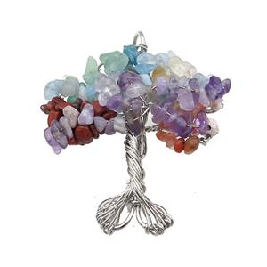 Natural Gemstone Chakra Pendant Tree Of Life Copper Wire Wrapped Platinum Plated, approx 45-55mm