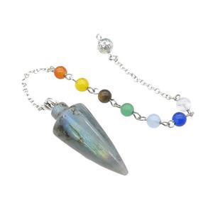 Natural Labradorite Pendulum Pendant With Gemstone Chakra Chain Platinum Plated, approx 18-42mm, 6mm, 16cm length