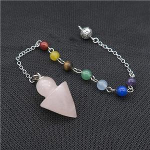 Natural Pink Rose Quartz Pendulum Pendant With Gemstone Chakra Chain Platinum Plated, approx 20-30mm, 6mm, 16cm length