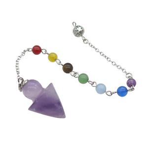 Natural Purple Amethyst Pendulum Pendant With Gemstone Chakra Chain Platinum Plated, approx 20-30mm, 6mm, 16cm length