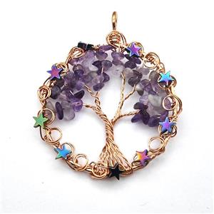 Purple Amethyst Chips Pendant Tree Of Life Copper Wire Wrapped Rose Gold, approx 50mm