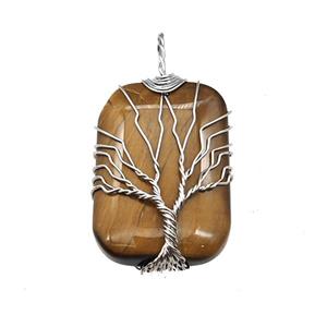 Tiger Eye Stone Rectangle Pendant Tree Of Life Copper Wire Wrapped Platinum, approx 25-35mm