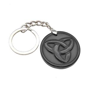 Black Obsidian Trinity Keychain Circle Alloy Platinum Plated, approx 32mm, 25mm