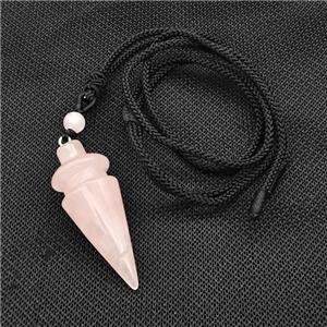 Pink Rose Quartz Pendulum Necklace Black Nylon Rope, approx 18-45mm