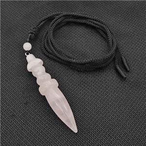 Pink Rose Quartz Pendulum Necklace Black Nylon Rope, approx 14-65mm