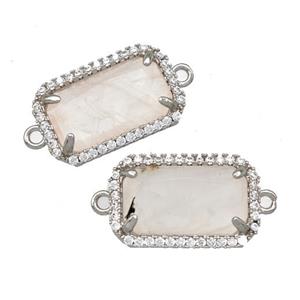 Natural Rose Quartz Rectangle Connector Copper Pave Zircon Platinum Plated, approx 12-18mm