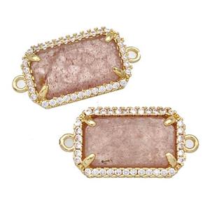 Pink Strawberry Quartz Rectangle Connector Copper Pave Zircon Gold Plated, approx 12-18mm