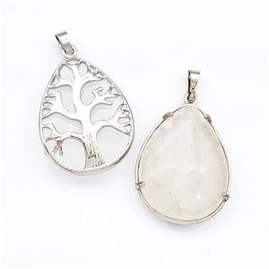 Clear Quartz Teardrop Pendant Tree Platinum Plated, approx 25-33mm