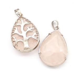 Natural Pink Rose Quartz Teardrop Pendant Tree Platinum Plated, approx 25-33mm