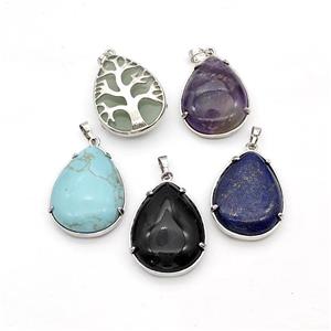 Mixed Gemstone Teardrop Pendant Tree Platinum Plated, approx 25-33mm