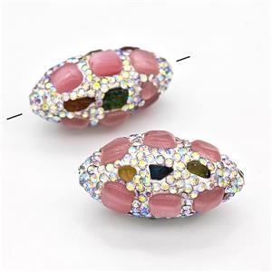 Clay Rice Beads Pave Rhinestone Tourmaline Pink Cat Eye Glass, approx 16-30mm