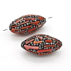 Clay Rice Beads Pave Black Rhinestone Red Coral, approx 16-35mm