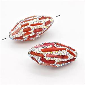 Clay Rice Beads Pave White Rhinestone Red Coral, approx 16-35mm