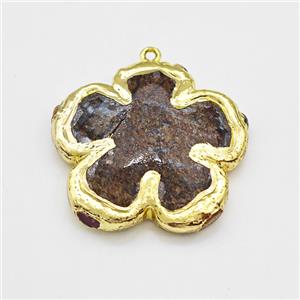 Natural Bronzite Flower Pendant Gold Plated, approx 38mm