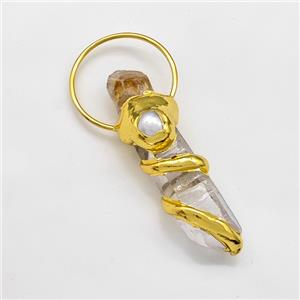 Natural Clear Crystal Quartz Stick Pendant With Pearl Citrine Gold Plated, approx 14-60mm