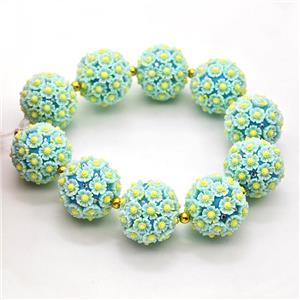 Resin Round Beads Pave Rhinestone Flower Blue, approx 22mm dia