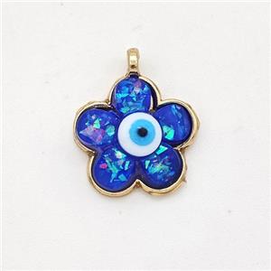 Copper Flower Pendant Pave Blue Fire Opal Eye Gold Plated, approx 15mm