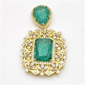 Copper Pendant Pave Zirconia Green Acrylic Gold Plated, approx 16-20mm, 33-37mm