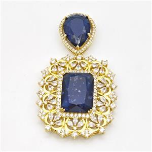 Copper Pendant Pave Zirconia Blue Acrylic Gold Plated, approx 16-20mm, 33-37mm