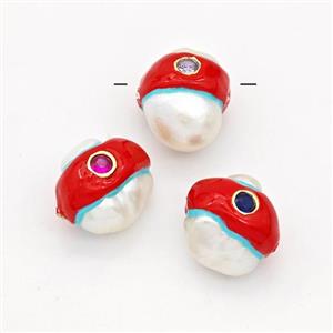 Natural White Pearl Potato Beads Pave Zirconia Red Enamel, approx 13-16mm