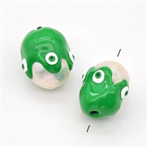 White Pearl Potato Beads Green Enamel Evil Eye, approx 13-16mm