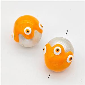 White Pearl Potato Beads Orange Enamel Evil Eye, approx 13-16mm