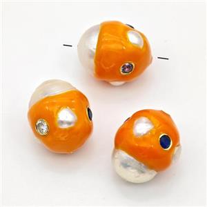 White Pearl Potato Beads Pave Zirconia Orange Enamel, approx 13-17mm