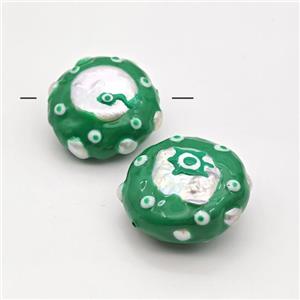 Baroque Style Pearl Coin Beads Green Enamel Evil Eye, approx 28mm