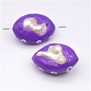 Baroque Style Pearl Oval Beads Purple Enamel Evil Eye, approx 25-33mm