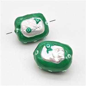 Baroque Style Pearl Rectangle Beads Green Enamel Evil Eye, approx 20-25mm